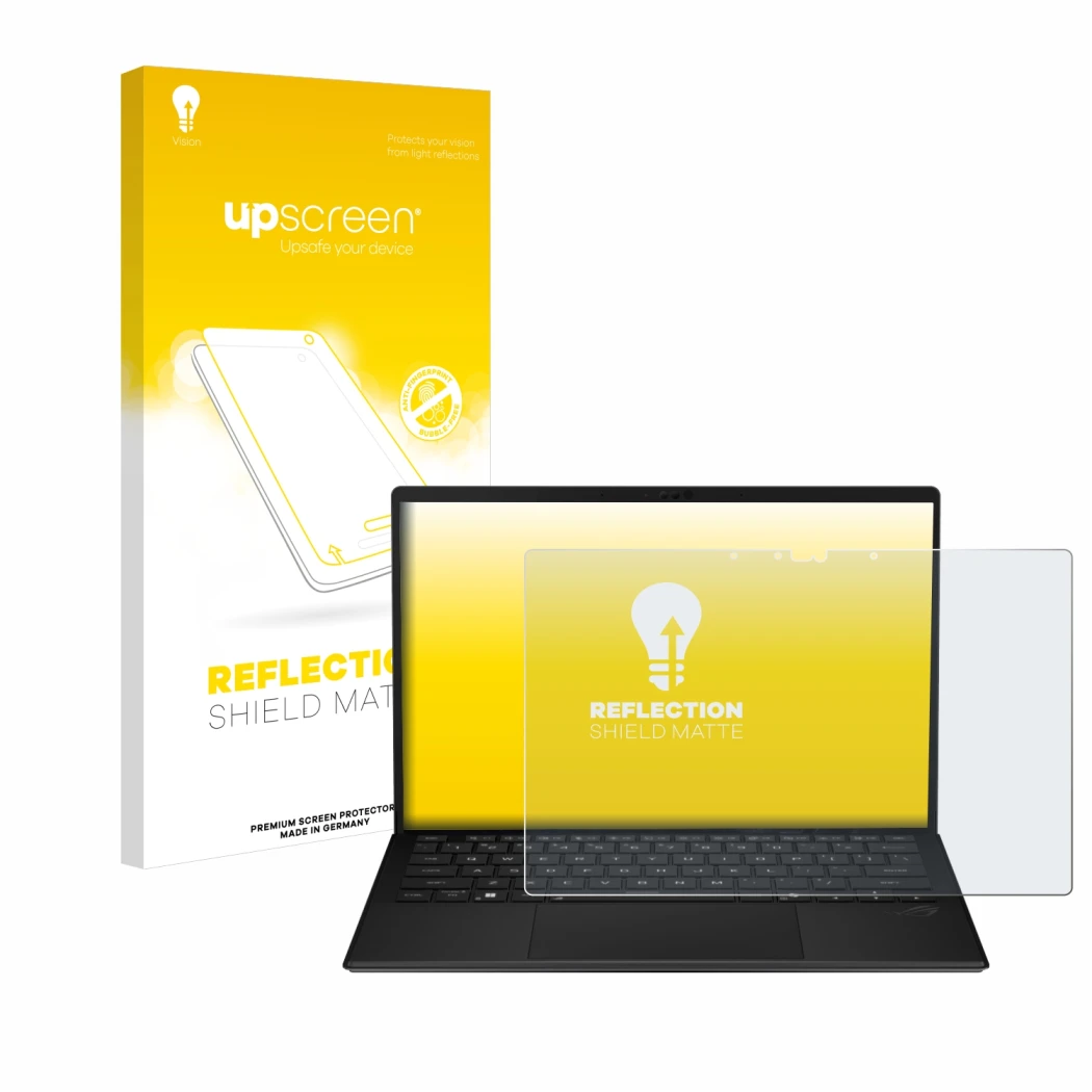 Parte frontal de un envase de producto con el logotipo de la marca upscreen. Al lado se muestra el dispositivo ASUS ROG Flow Z