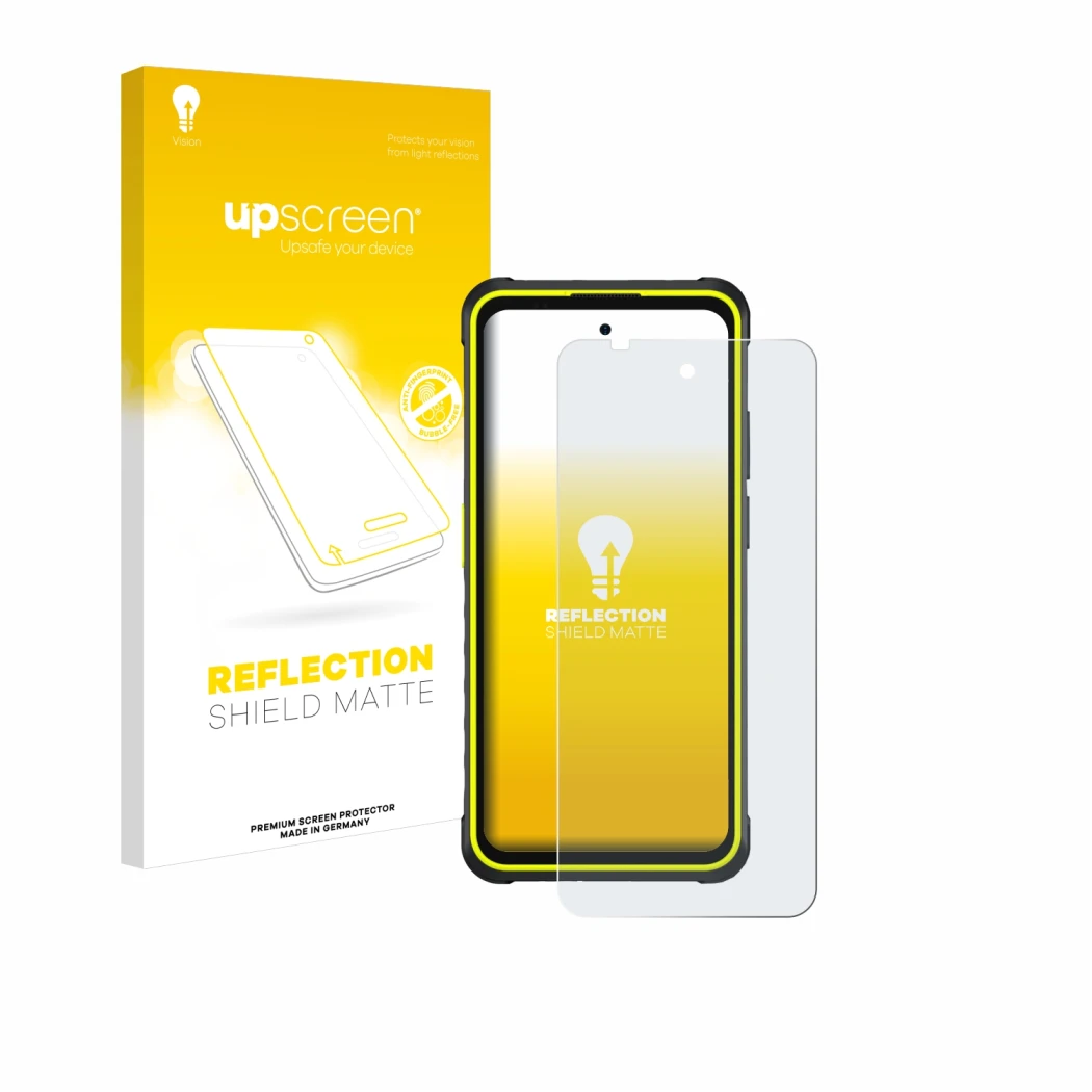 Parte frontal de un envase de producto con el logotipo de la marca upscreen. Al lado se muestra el dispositivo Ulefone Armor X