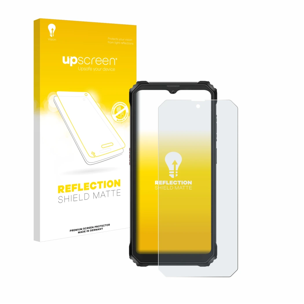 Parte frontal de un envase de producto con el logotipo de la marca upscreen. Al lado se muestra el dispositivo Blackview BV620