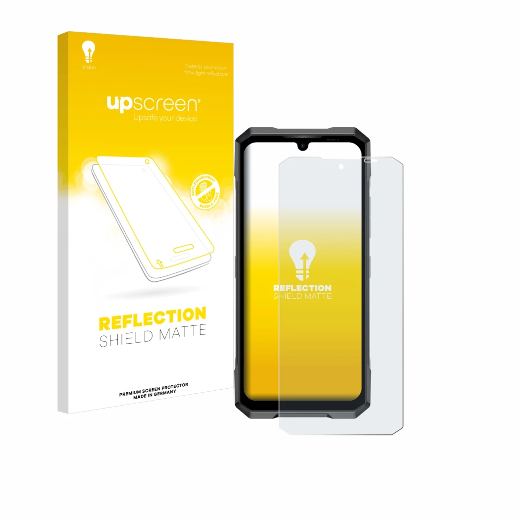 Parte frontal de un envase de producto con el logotipo de la marca upscreen. Al lado se muestra el dispositivo Doogee Blade GT