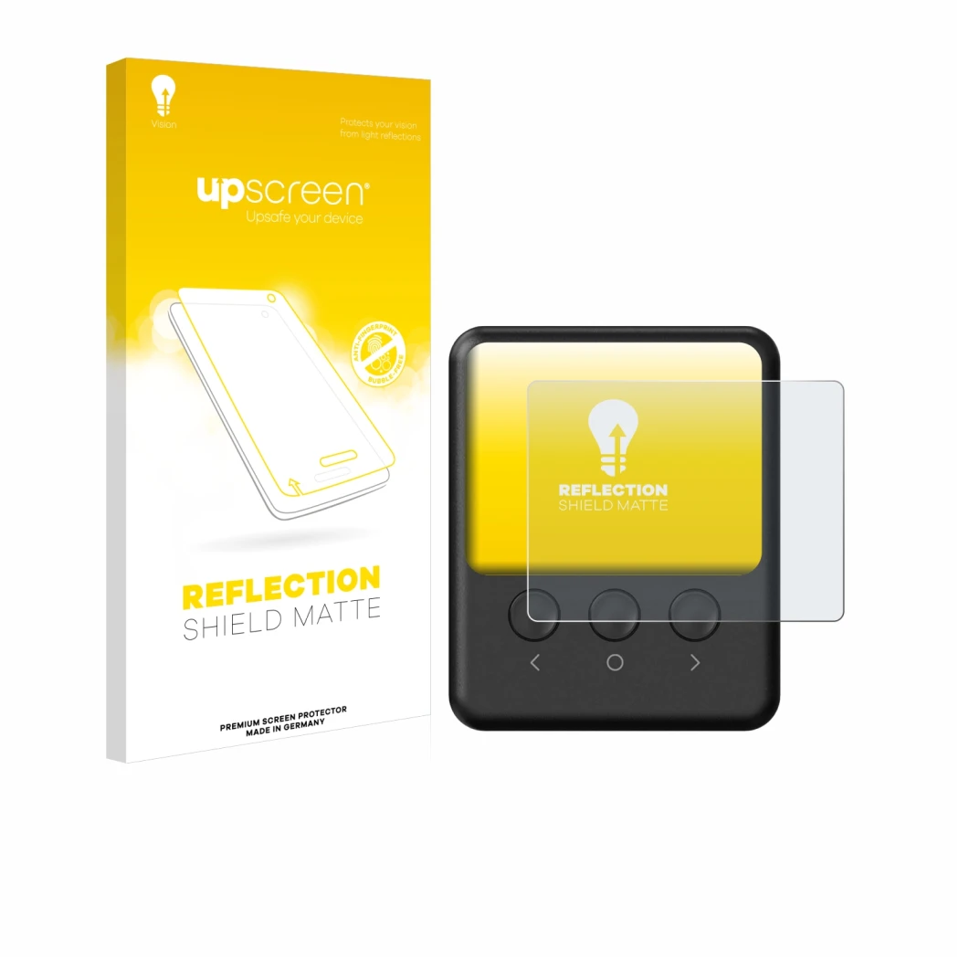 Parte frontal de un envase de producto con el logotipo de la marca upscreen. Al lado se muestra el dispositivo ISDT 608PD con