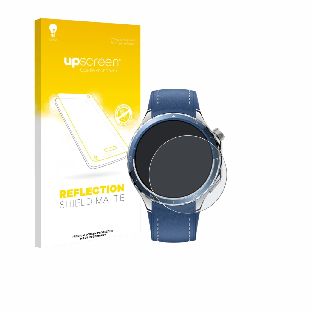 Parte frontal de un envase de producto con el logotipo de la marca upscreen. Al lado se muestra el dispositivo Oppo Watch X2 c
