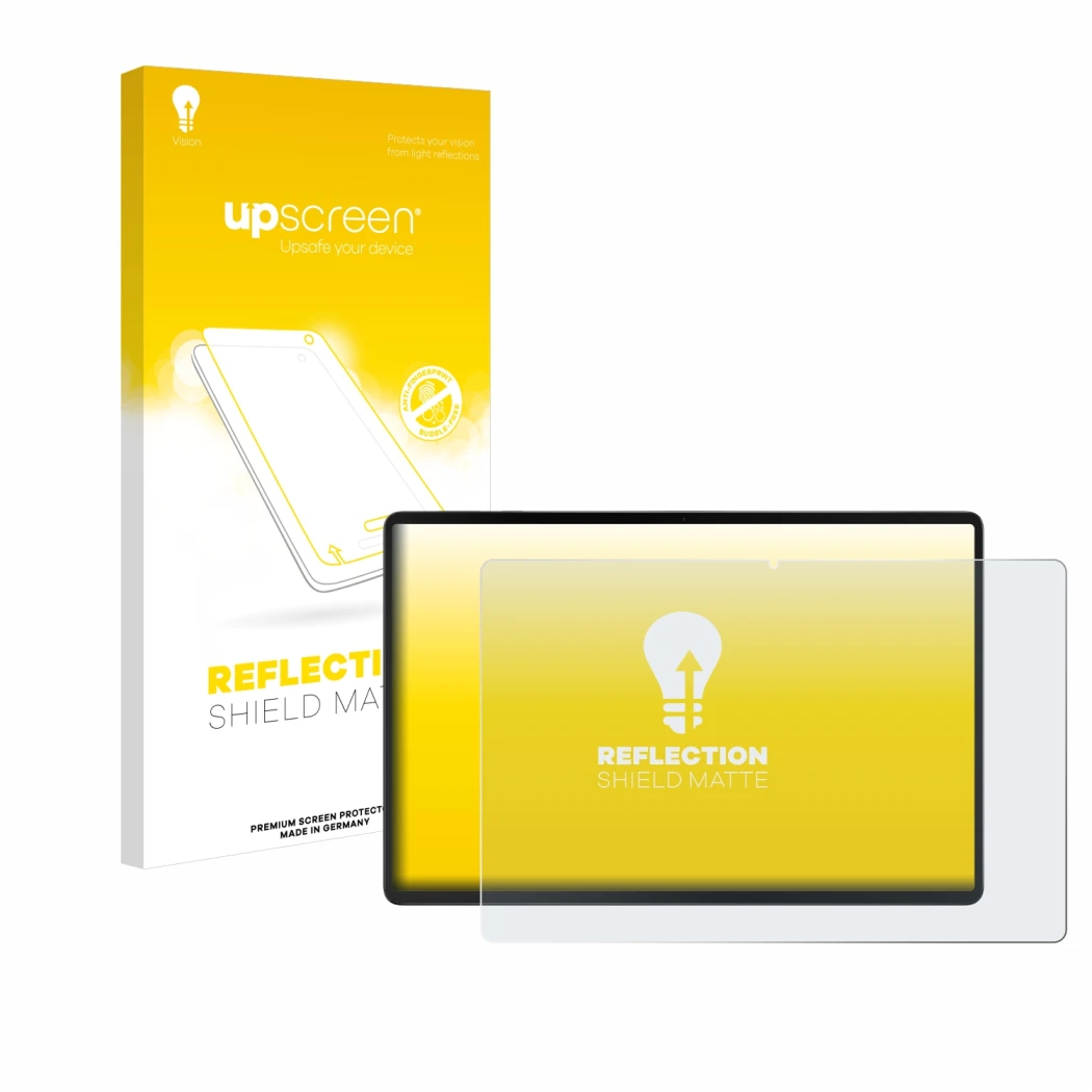 Parte frontal de un envase de producto con el logotipo de la marca upscreen. Al lado se muestra el dispositivo Acer Iconia X12