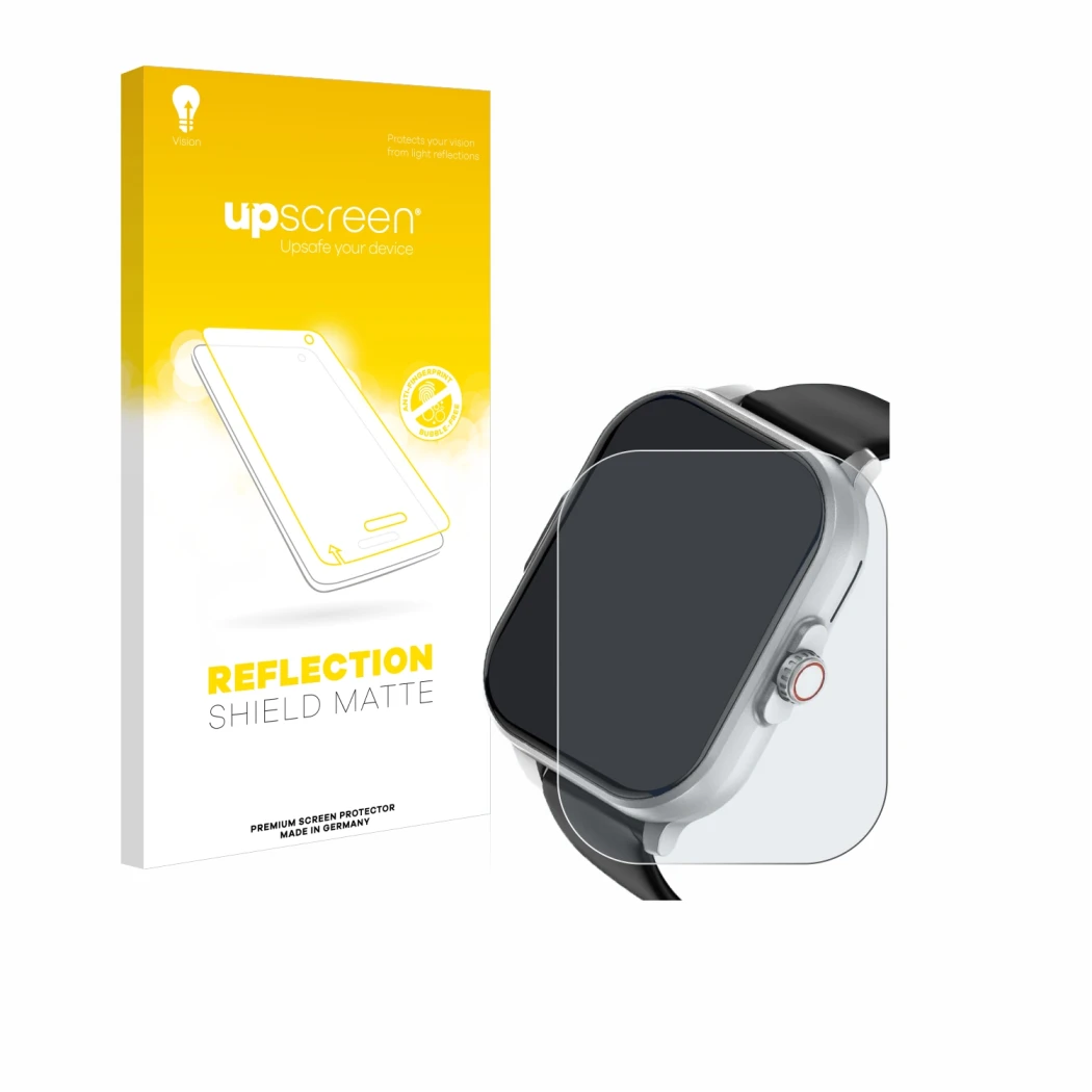 Parte frontal de un envase de producto con el logotipo de la marca upscreen. Al lado se muestra el dispositivo YYKY E02 2.01