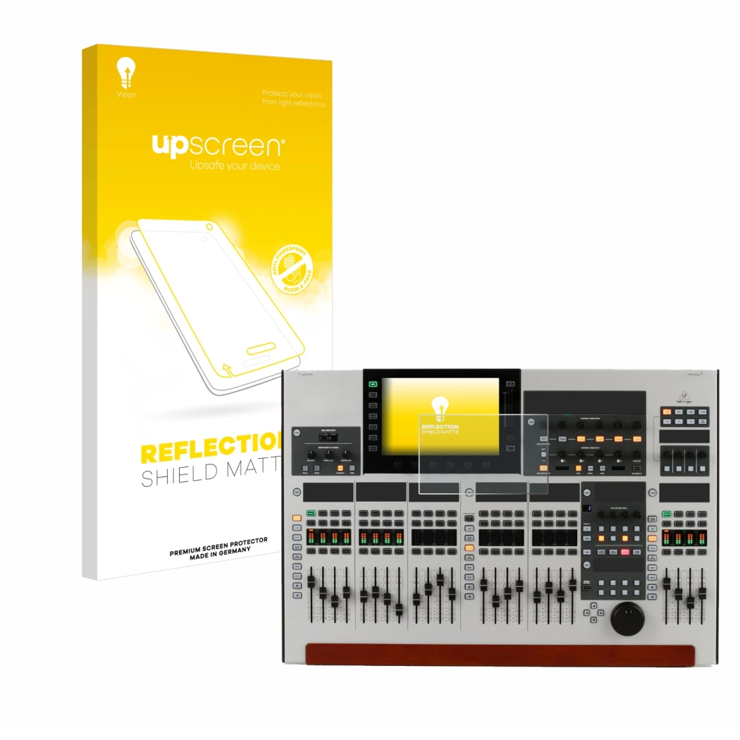Parte frontal de un envase de producto con el logotipo de la marca upscreen. Al lado se muestra el dispositivo Behringer Wing 
