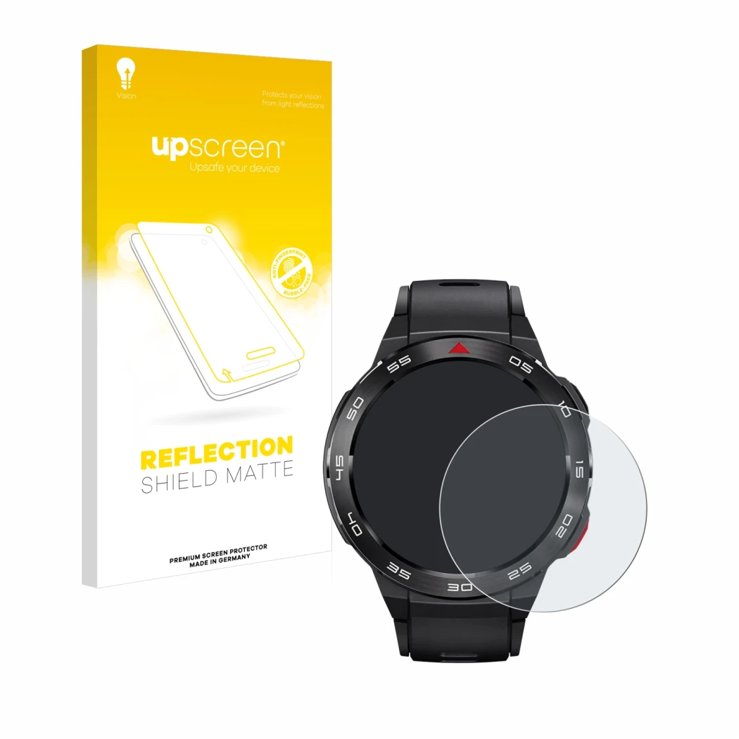 Parte frontal de un envase de producto con el logotipo de la marca upscreen. Al lado se muestra el dispositivo Xiaomi Mibro GS