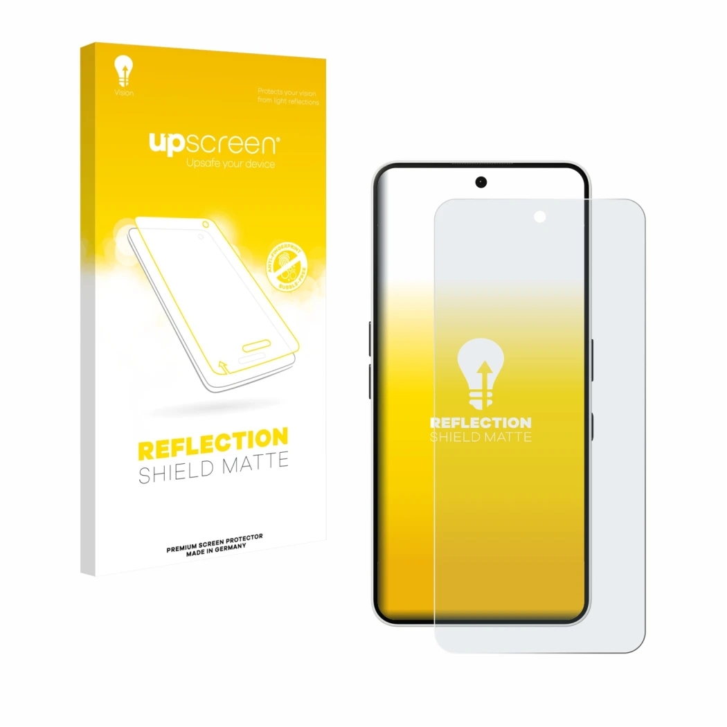 Parte frontal de un envase de producto con el logotipo de la marca upscreen. Al lado se muestra el dispositivo Nothing Phone (