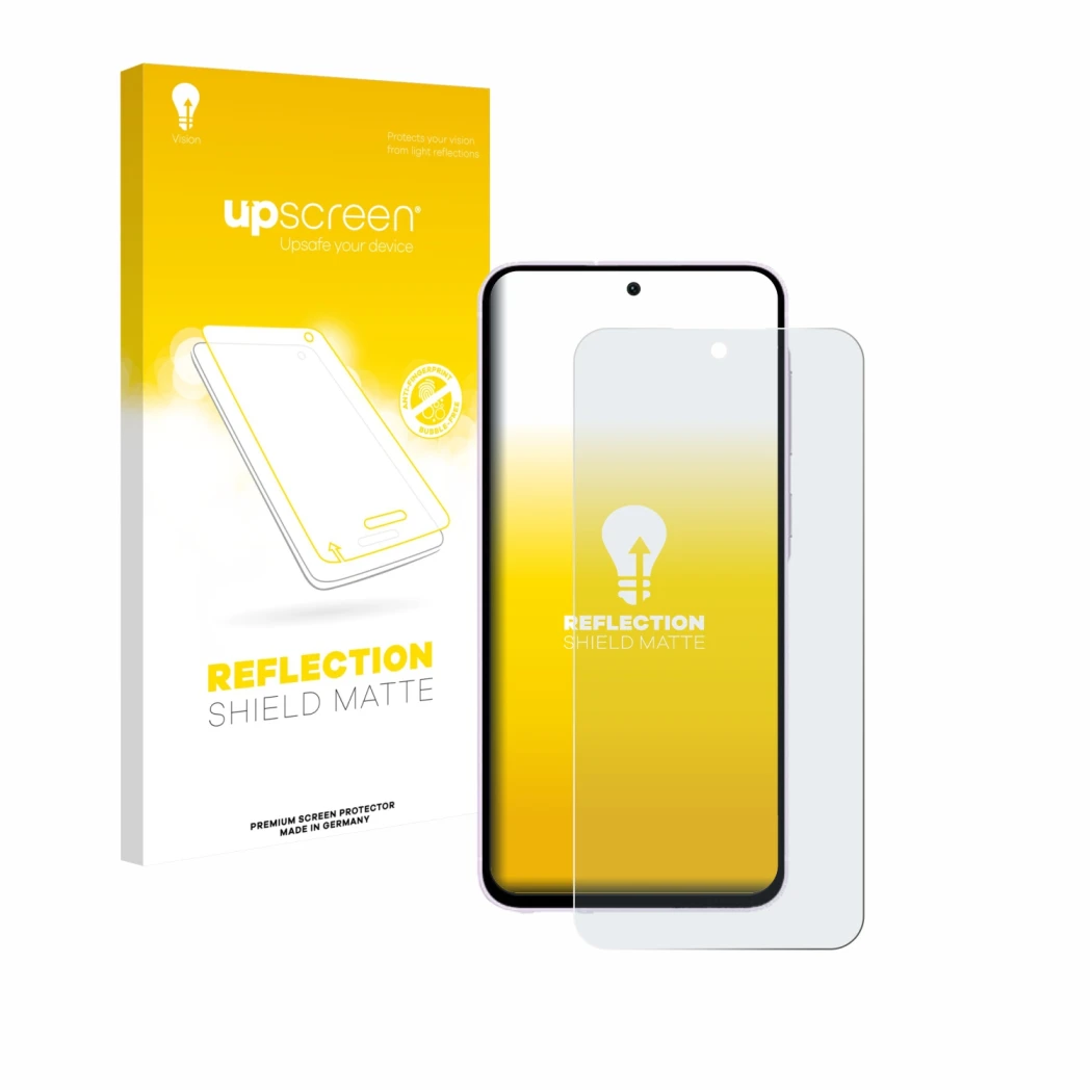 Parte frontal de un envase de producto con el logotipo de la marca upscreen. Al lado se muestra el dispositivo Samsung Galaxy
