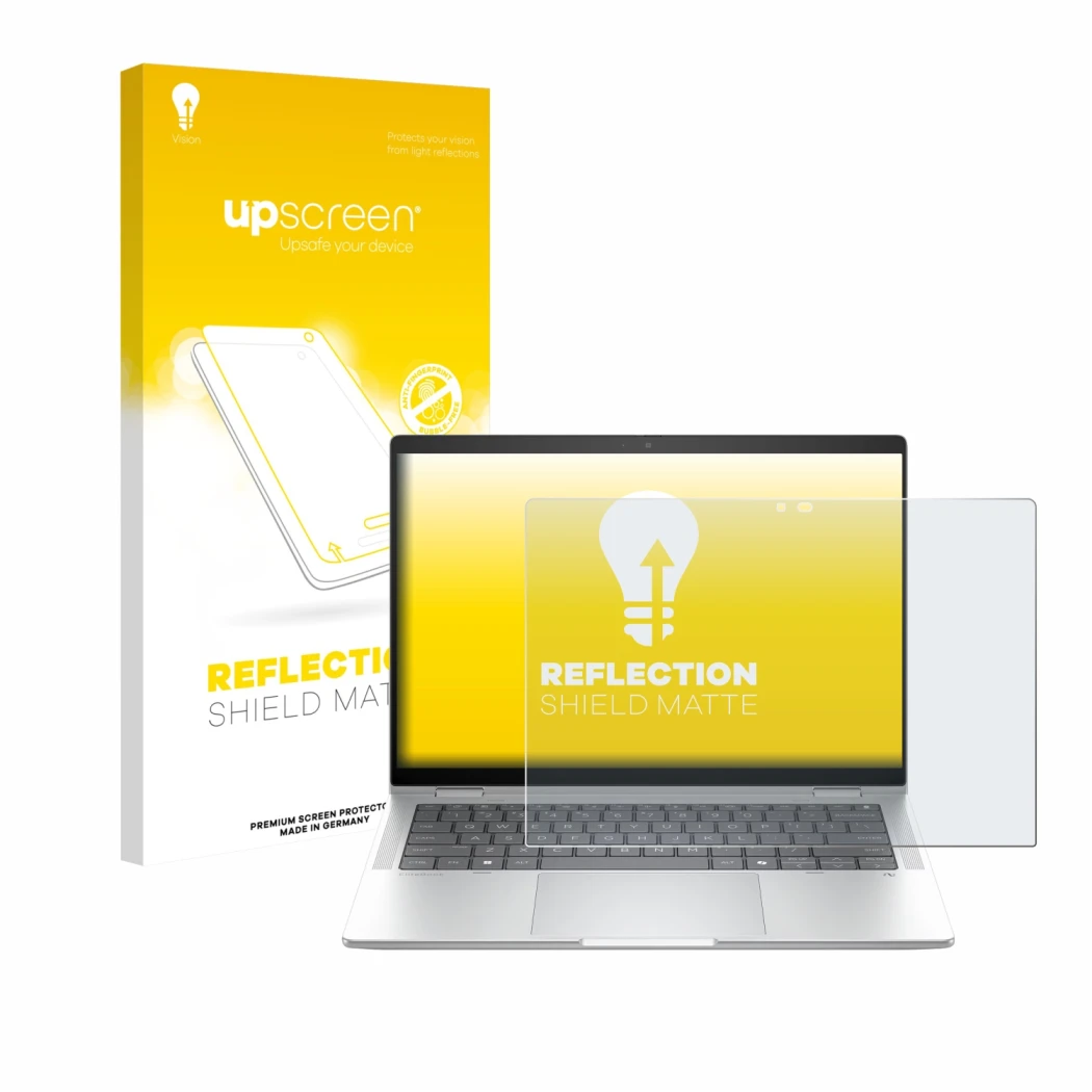 Parte frontal de un envase de producto con el logotipo de la marca upscreen. Al lado se muestra el dispositivo HP EliteBook X