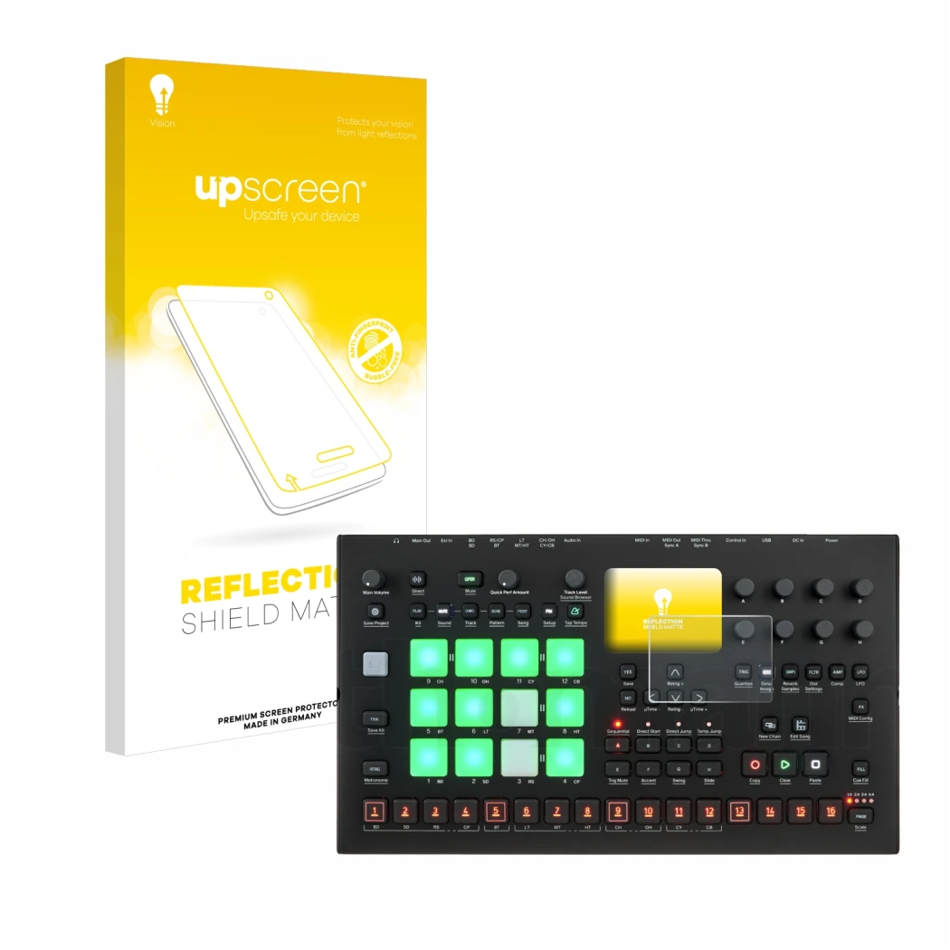 Parte frontal de un envase de producto con el logotipo de la marca upscreen. Al lado se muestra el dispositivo Elektron Analog