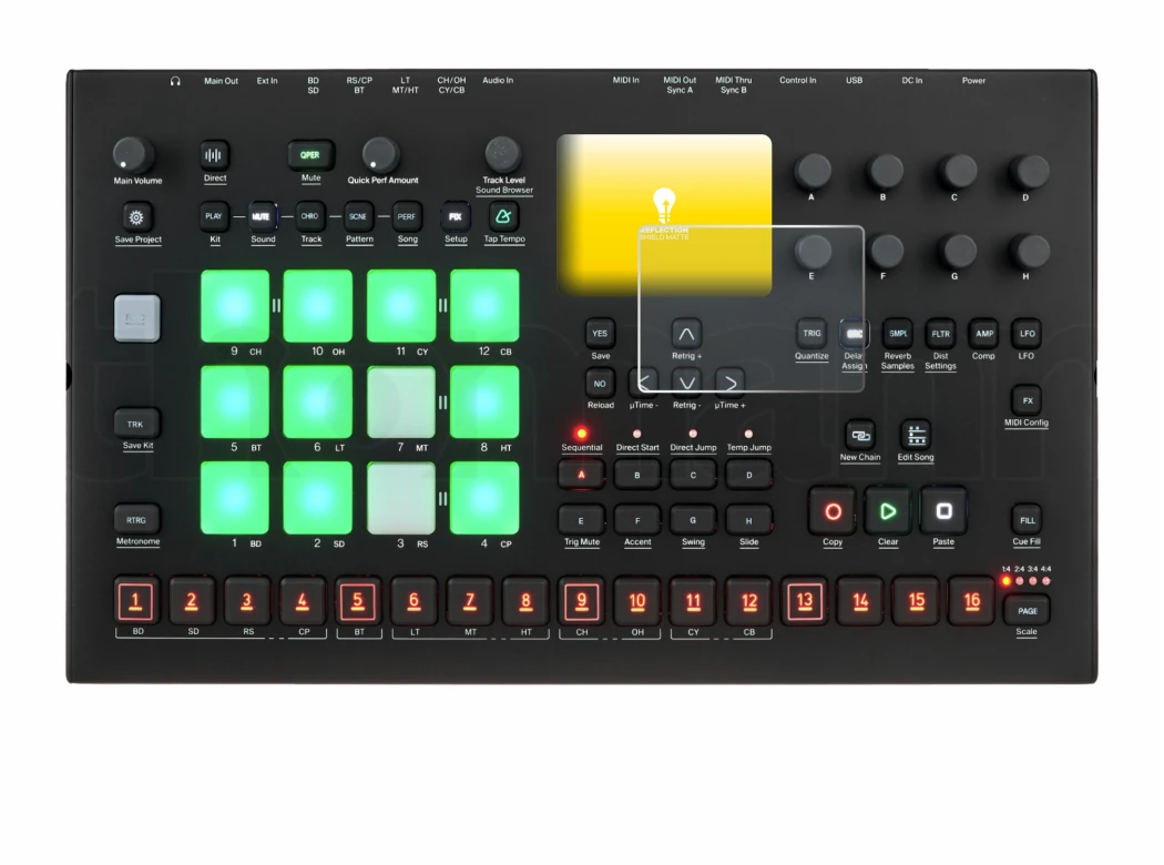 Imagen del dispositivo Elektron Analog Rytm MKII con una amplia variedad de protectores de pantalla.