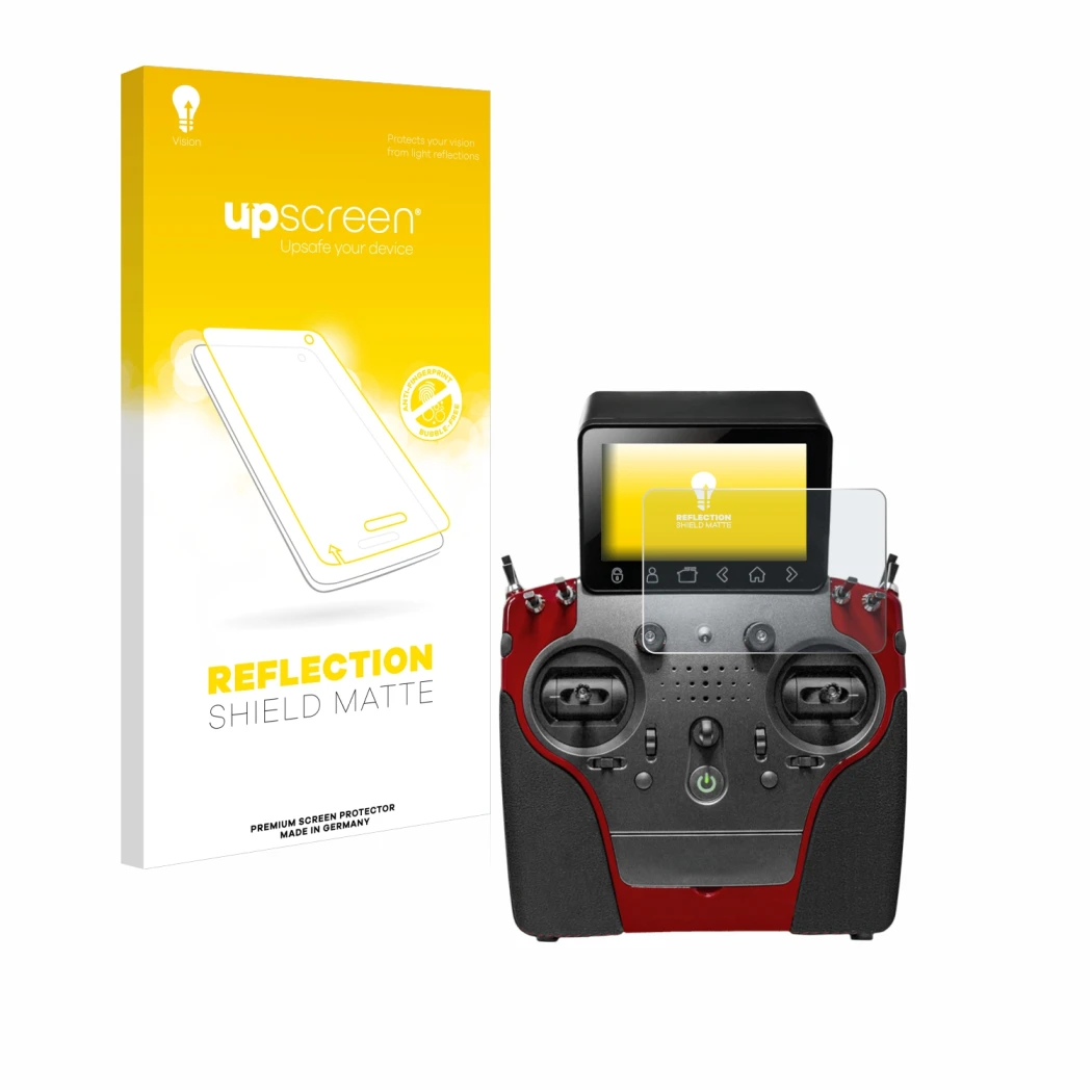 Parte frontal de un envase de producto con el logotipo de la marca upscreen. Al lado se muestra el dispositivo PowerBox System