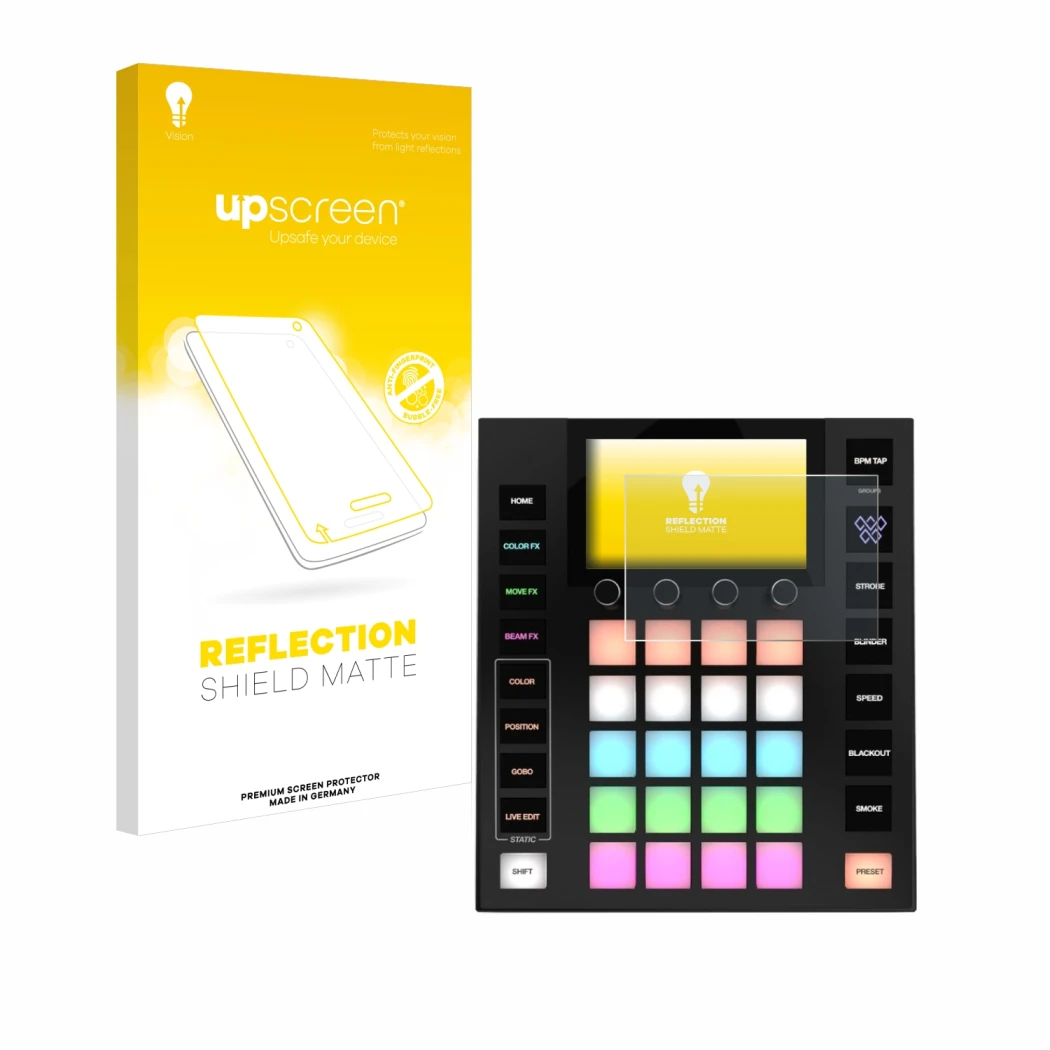 Parte frontal de un envase de producto con el logotipo de la marca upscreen. Al lado se muestra el dispositivo Wolfmix W1 MK2