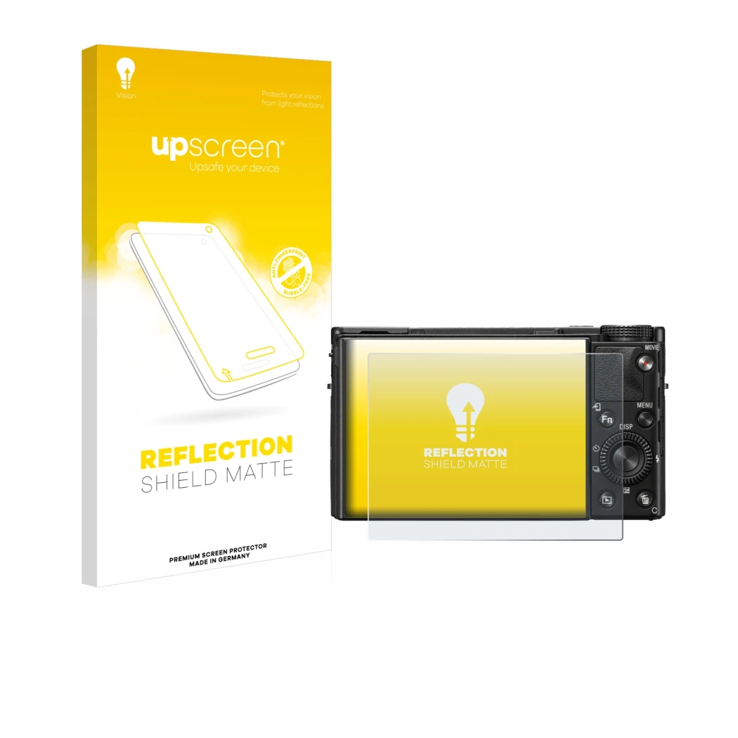 Parte frontal de un envase de producto con el logotipo de la marca upscreen. Al lado se muestra el dispositivo Sony Cyber-Shot