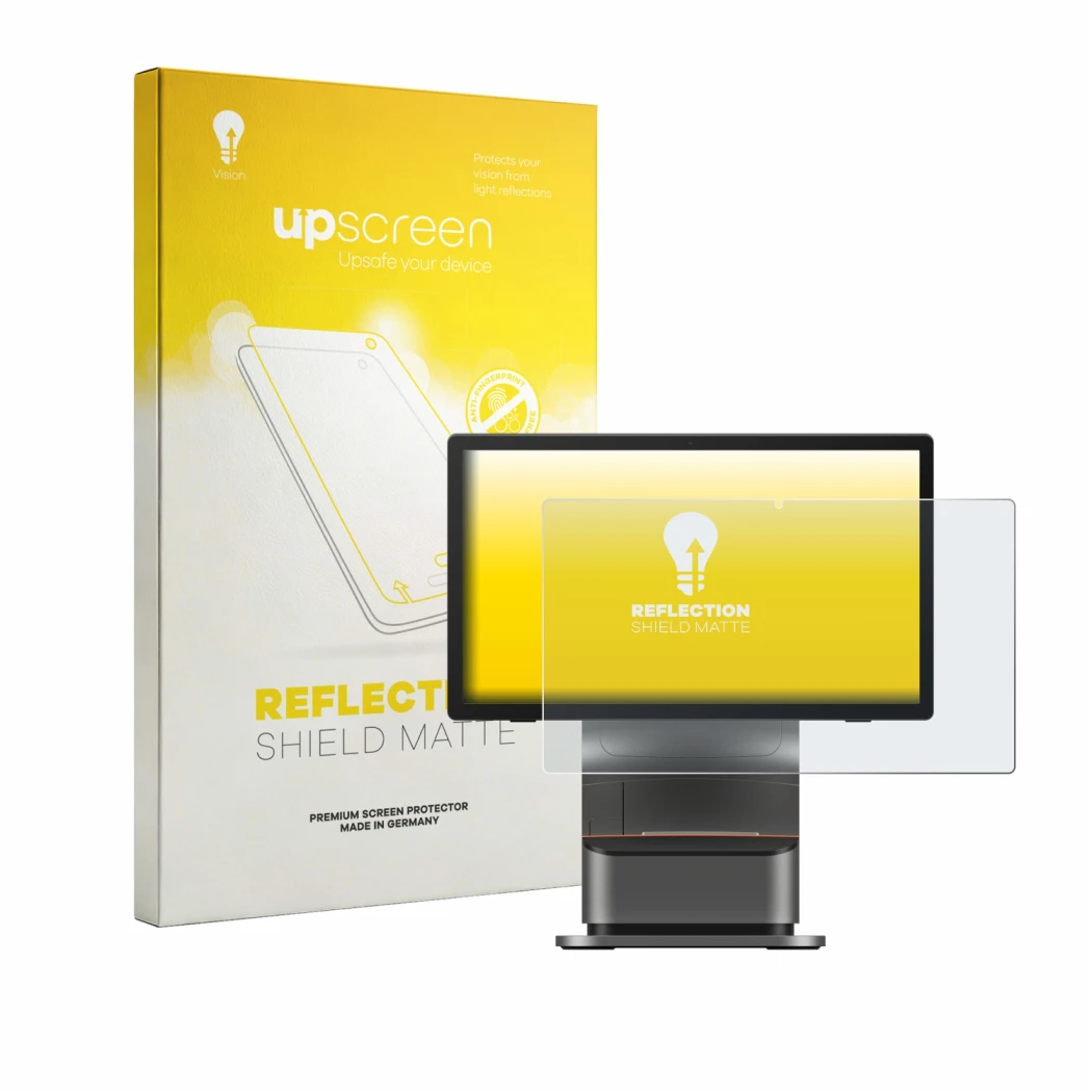 Parte frontal de un envase de producto con el logotipo de la marca upscreen. Al lado se muestra el dispositivo Sunmi T3 Pro Ma