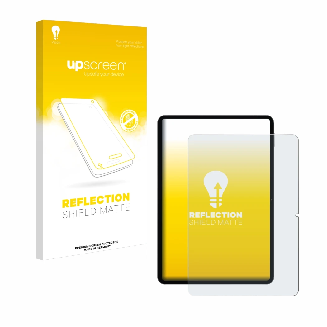 Parte frontal de un envase de producto con el logotipo de la marca upscreen. Al lado se muestra el dispositivo Xiaomi Pad 7 Pr