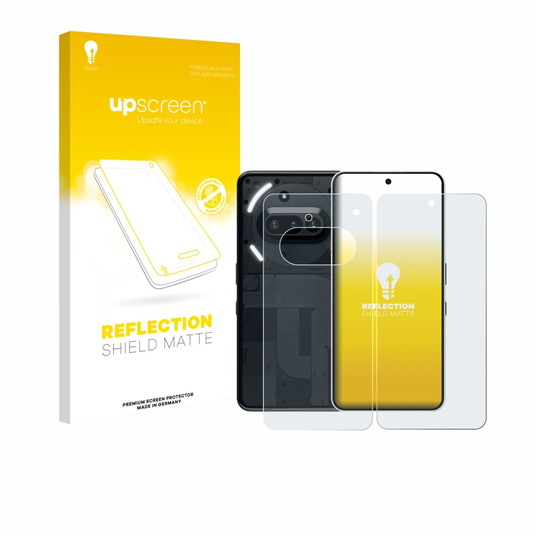 Parte frontal de un envase de producto con el logotipo de la marca upscreen. Al lado se muestra el dispositivo Nothing Phone (