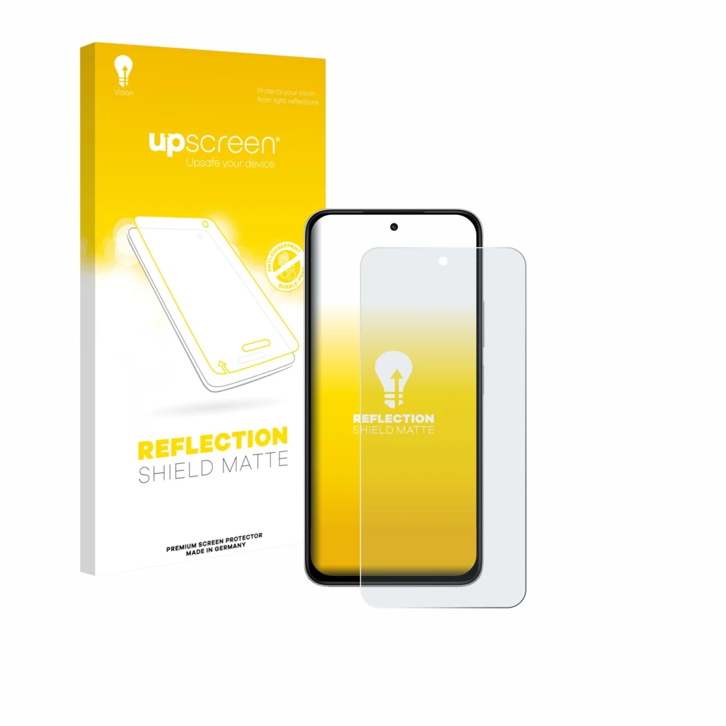 Parte frontal de un envase de producto con el logotipo de la marca upscreen. Al lado se muestra el dispositivo Xiaomi Poco M7 