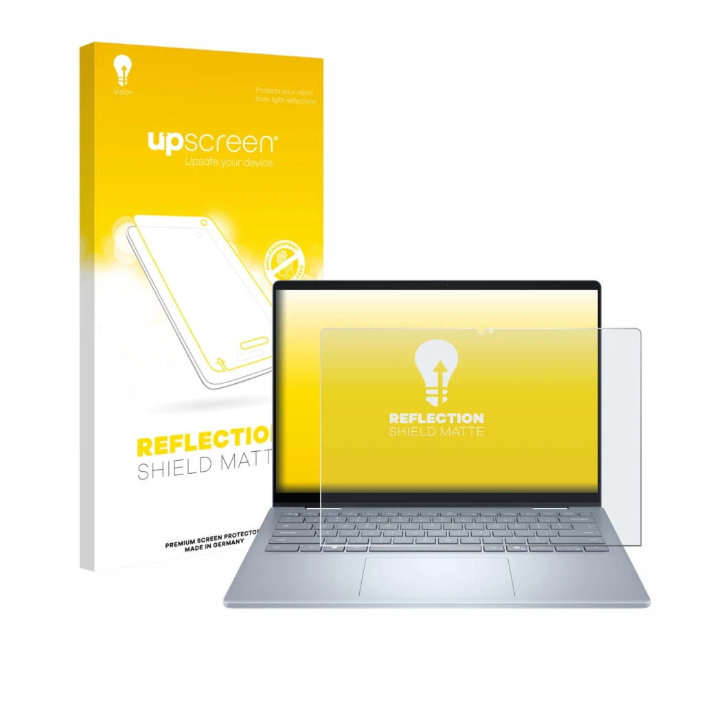 Parte frontal de un envase de producto con el logotipo de la marca upscreen. Al lado se muestra el dispositivo Dell 14 Plus 2-