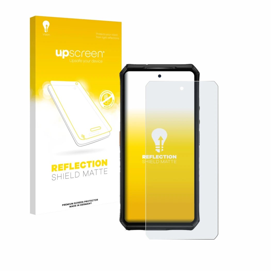 Parte frontal de un envase de producto con el logotipo de la marca upscreen. Al lado se muestra el dispositivo Ulefone Armor 2
