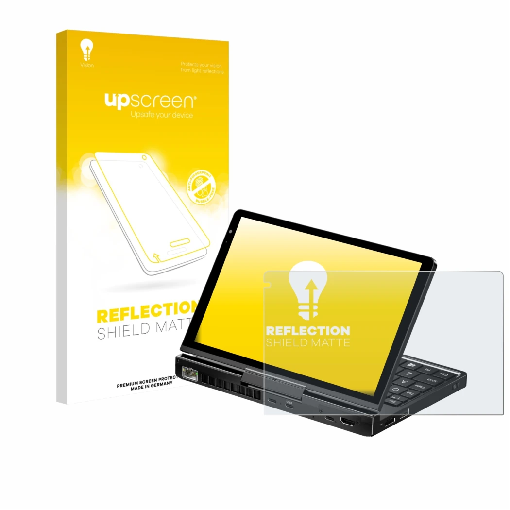 Parte frontal de un envase de producto con el logotipo de la marca upscreen. Al lado se muestra el dispositivo GPD Pocket 4 co