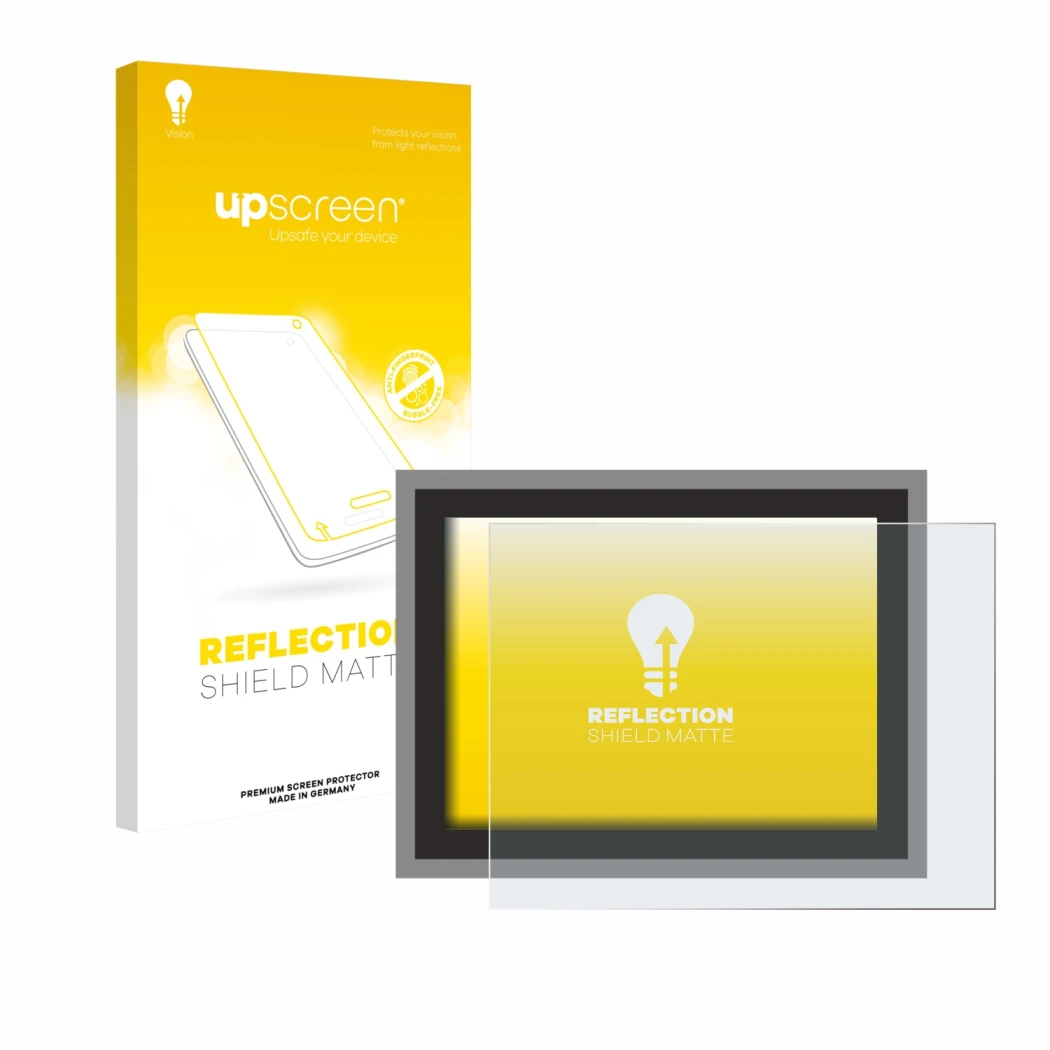 Parte frontal de un envase de producto con el logotipo de la marca upscreen. Al lado se muestra el dispositivo Megger MFT-X1 c