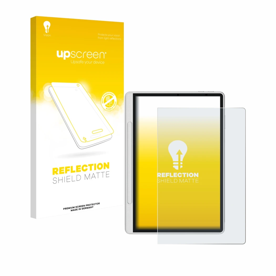 Parte frontal de un envase de producto con el logotipo de la marca upscreen. Al lado se muestra el dispositivo XP-Pen Magic No