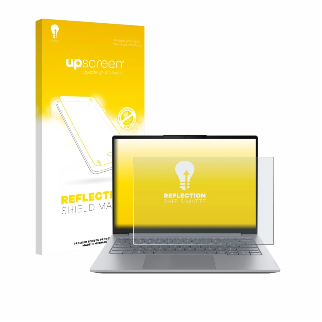 Parte frontal de un envase de producto con el logotipo de la marca upscreen. Al lado se muestra el dispositivo Lenovo ThinkBoo