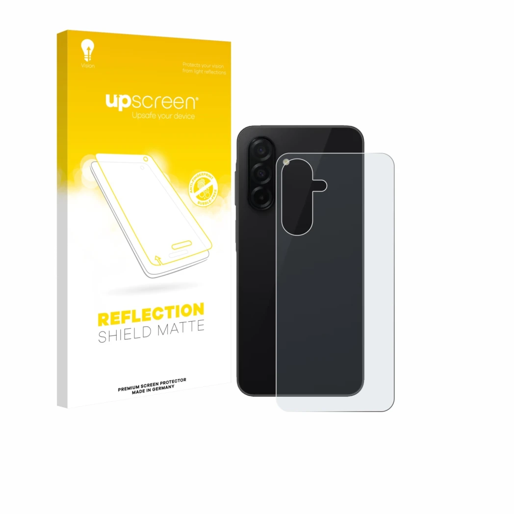 Parte frontal de un envase de producto con el logotipo de la marca upscreen. Al lado se muestra el dispositivo Samsung Galaxy 