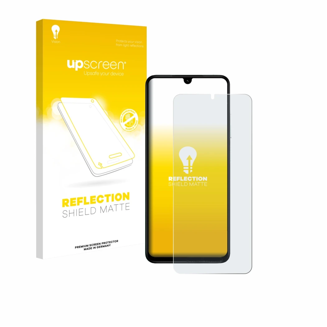 Parte frontal de un envase de producto con el logotipo de la marca upscreen. Al lado se muestra el dispositivo Xiaomi Poco C71
