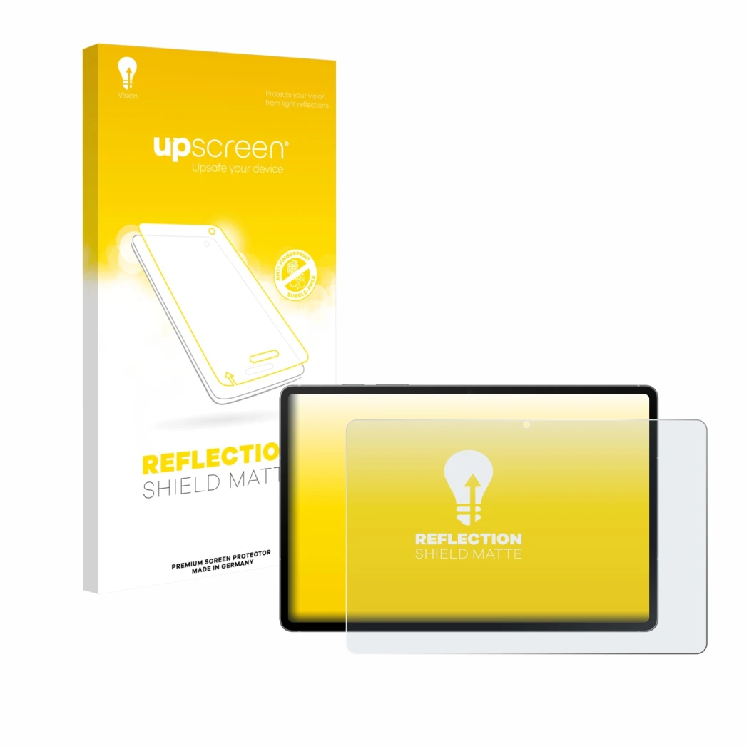 Parte frontal de un envase de producto con el logotipo de la marca upscreen. Al lado se muestra el dispositivo Samsung Galaxy 