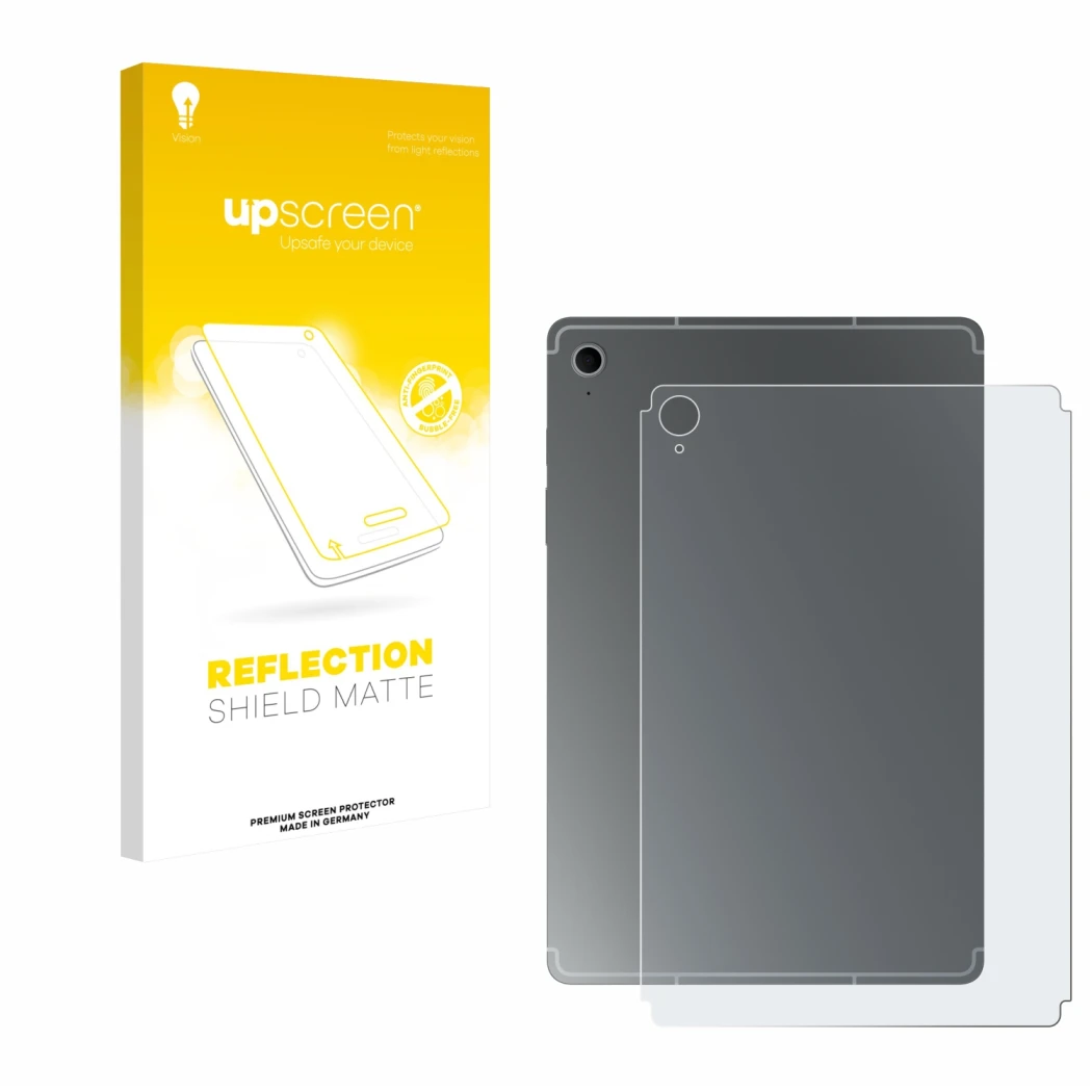 Parte frontal de un envase de producto con el logotipo de la marca upscreen. Al lado se muestra el dispositivo Samsung Galaxy