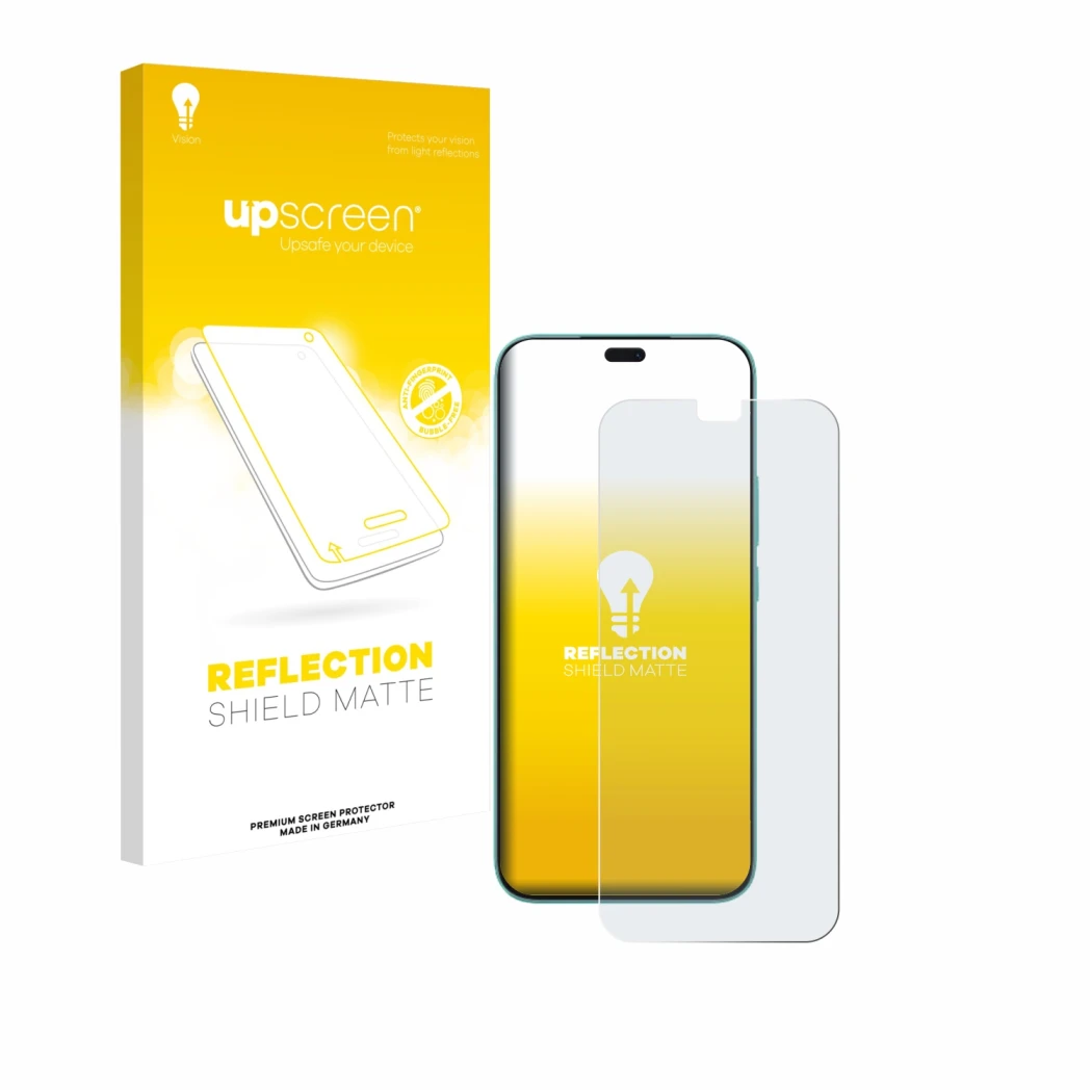 Parte frontal de un envase de producto con el logotipo de la marca upscreen. Al lado se muestra el dispositivo Honor 400 Lite