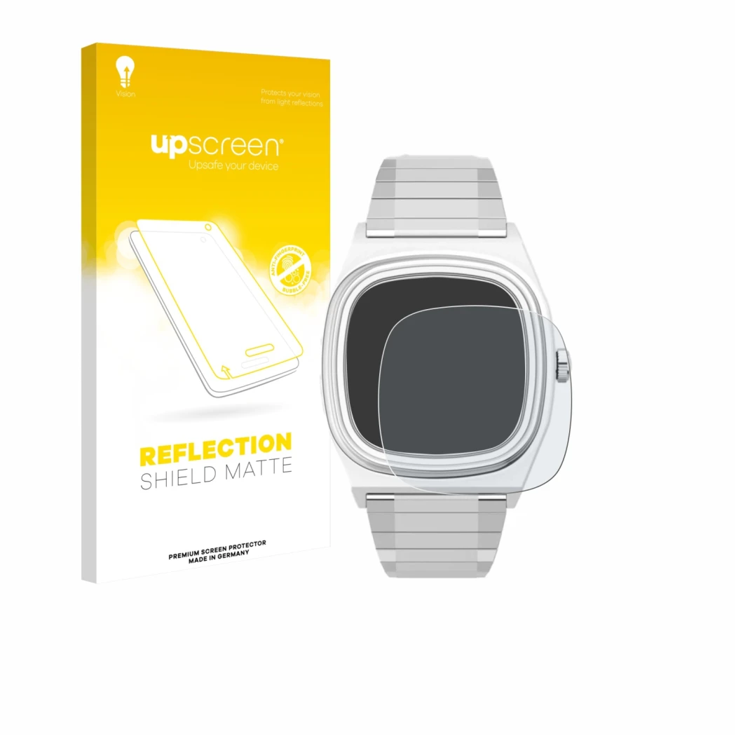 Parte frontal de un envase de producto con el logotipo de la marca upscreen. Al lado se muestra el dispositivo Timex Reissue 1