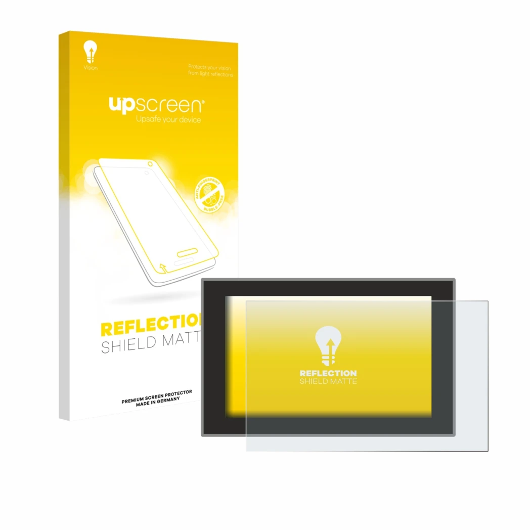 Parte frontal de un envase de producto con el logotipo de la marca upscreen. Al lado se muestra el dispositivo Dacia Duster 3