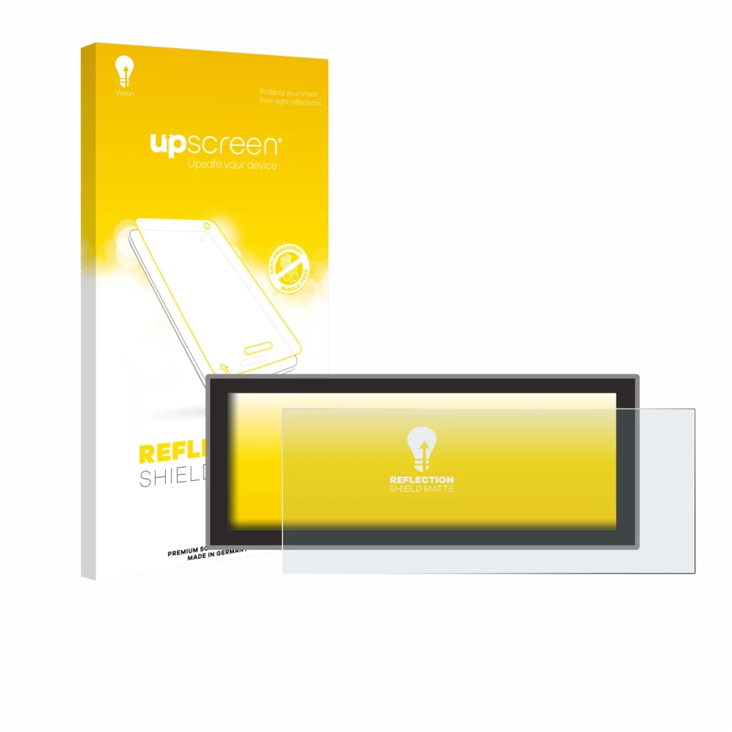 Parte frontal de un envase de producto con el logotipo de la marca upscreen. Al lado se muestra el dispositivo Peugeot Partner