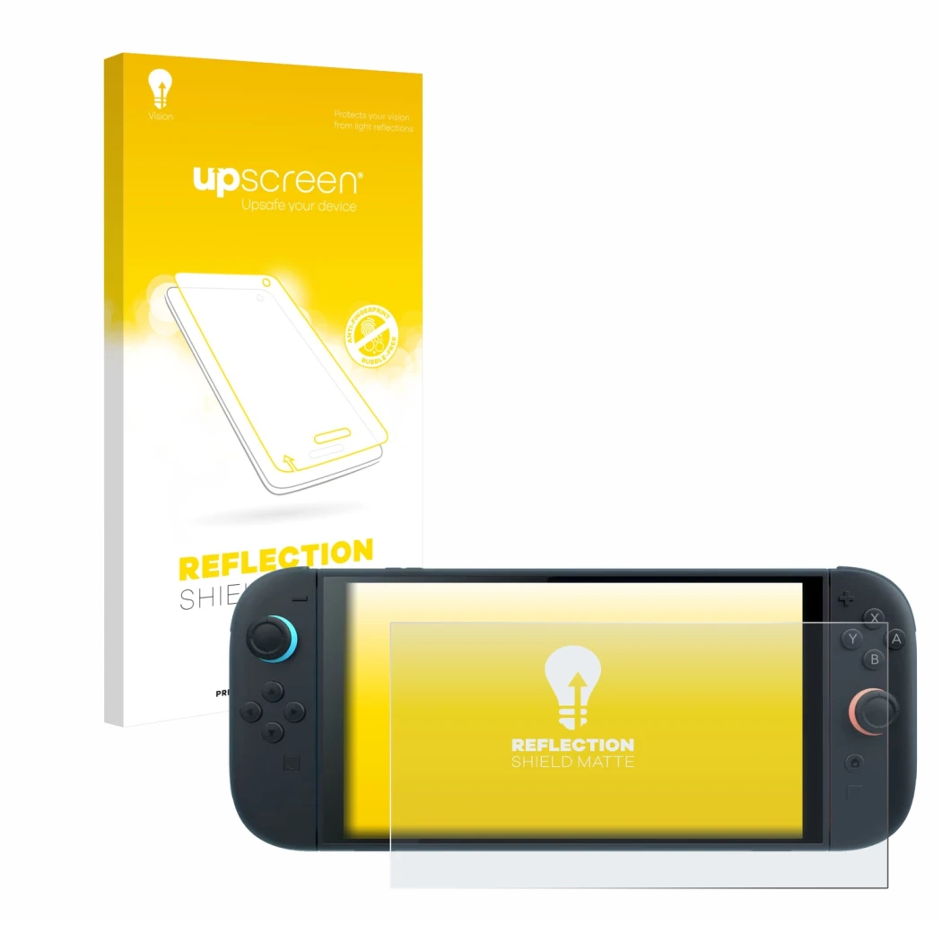 Parte frontal de un envase de producto con el logotipo de la marca upscreen. Al lado se muestra el dispositivo Nintendo Switch