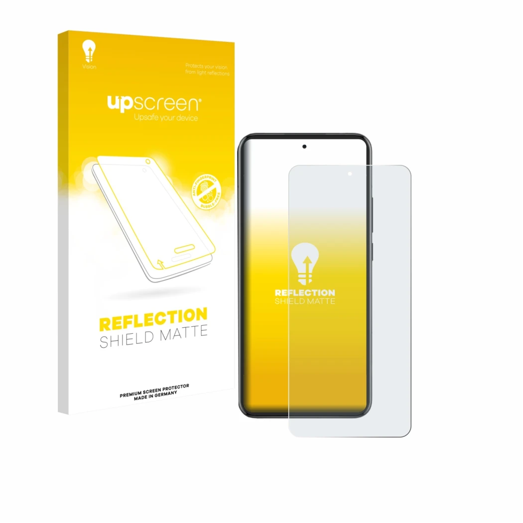 Parte frontal de un envase de producto con el logotipo de la marca upscreen. Al lado se muestra el dispositivo Oppo Reno 13 Pr