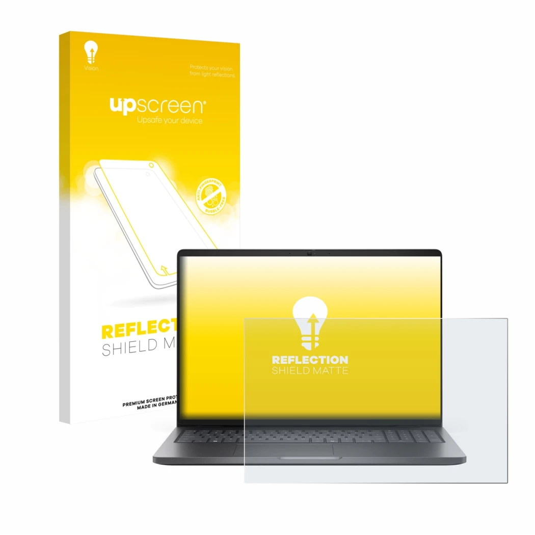 Parte frontal de un envase de producto con el logotipo de la marca upscreen. Al lado se muestra el dispositivo Dell Pro 16 PC1