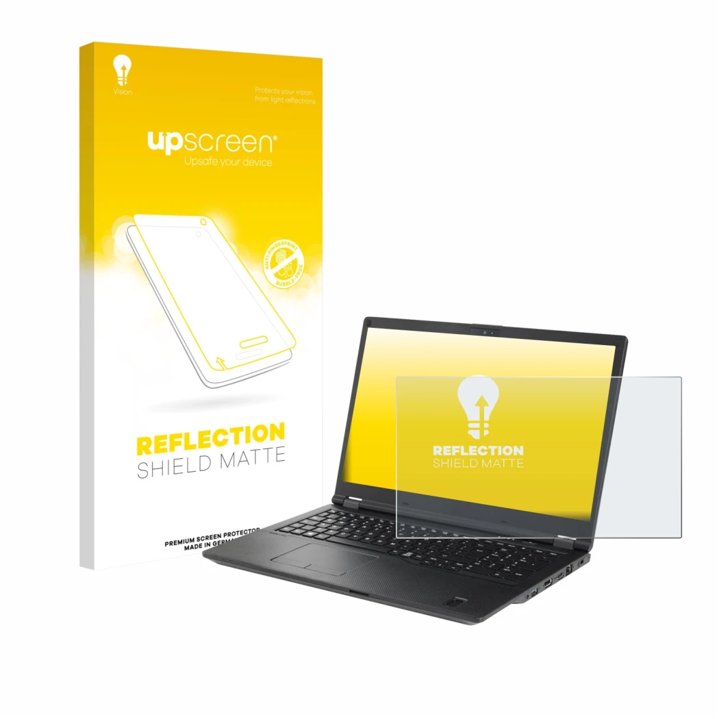 Parte frontal de un envase de producto con el logotipo de la marca upscreen. Al lado se muestra el dispositivo Fujitsu Lifeboo