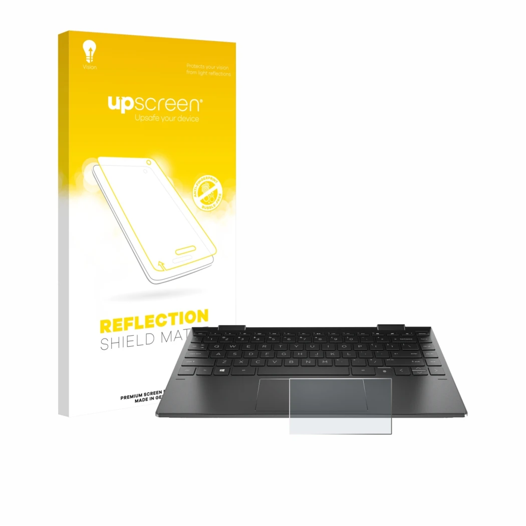Parte frontal de un envase de producto con el logotipo de la marca upscreen. Al lado se muestra el dispositivo HP Envy x360 (1