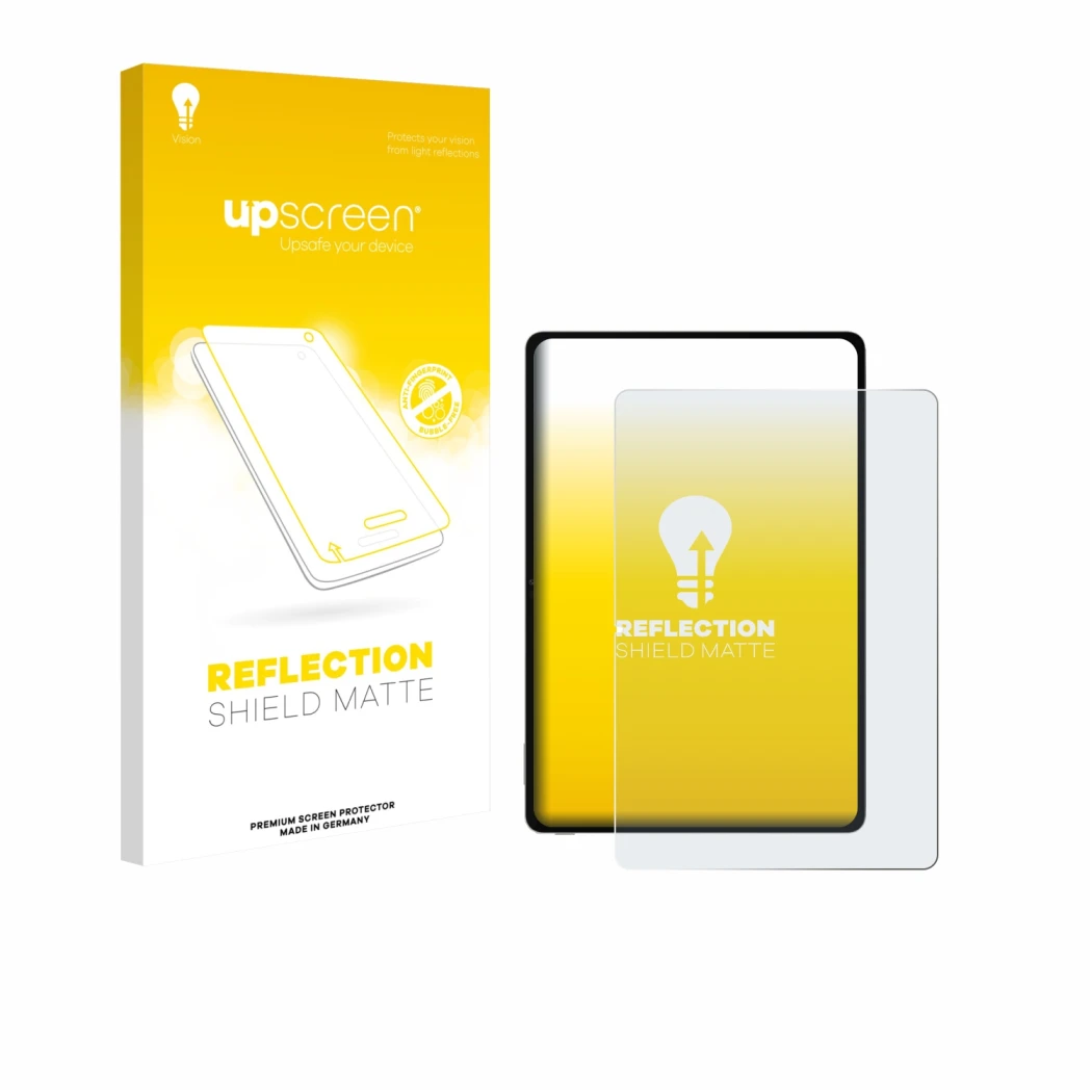 Parte frontal de un envase de producto con el logotipo de la marca upscreen. Al lado se muestra el dispositivo Honor Pad V9 co
