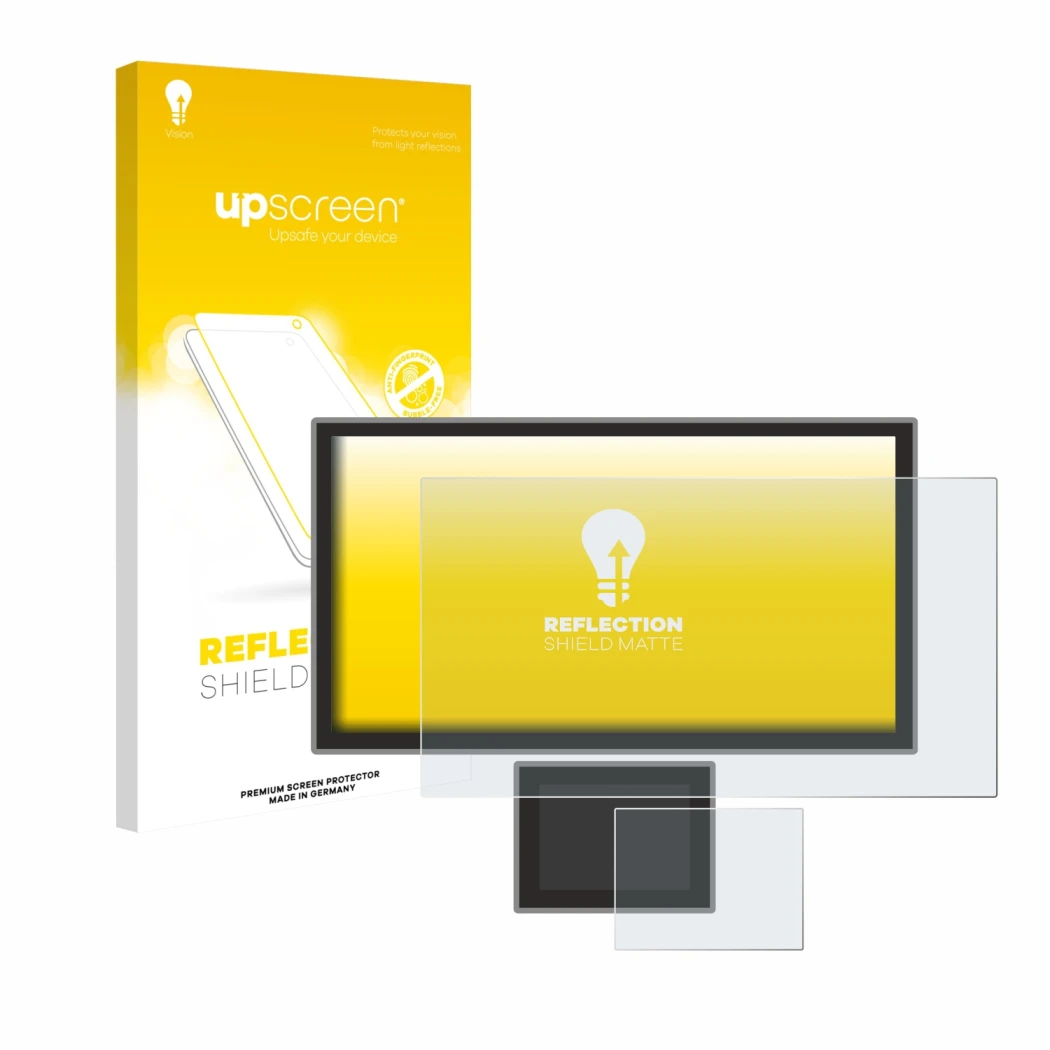 Parte frontal de un envase de producto con el logotipo de la marca upscreen. Al lado se muestra el dispositivo Icom IC-7760 co