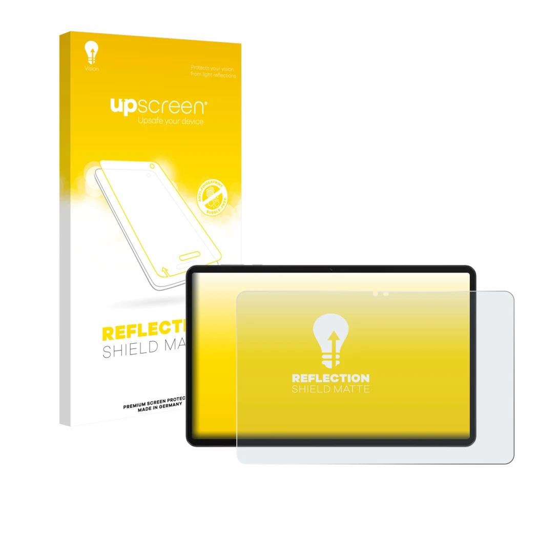 Parte frontal de un envase de producto con el logotipo de la marca upscreen. Al lado se muestra el dispositivo Honor Pad X9a c