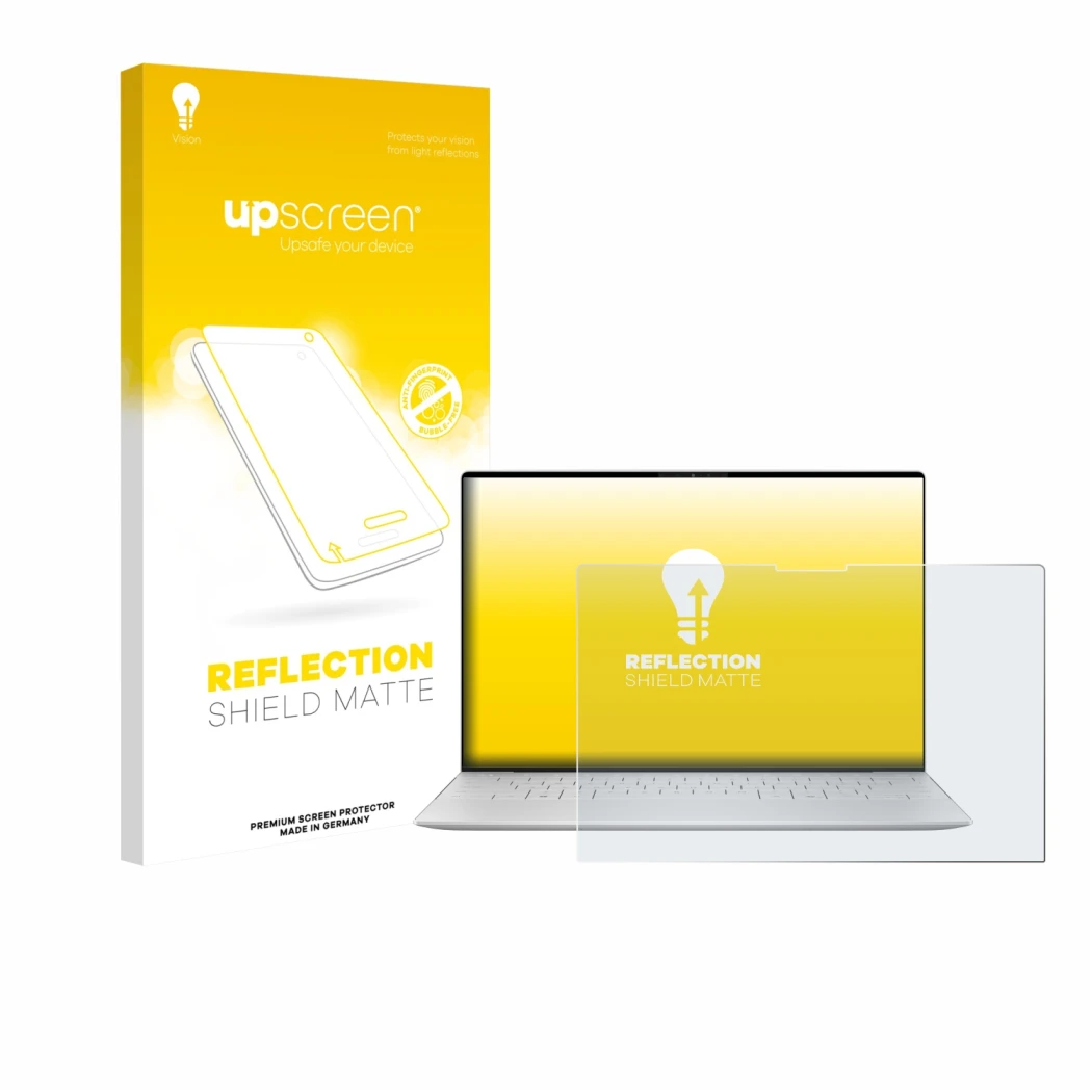 Parte frontal de un envase de producto con el logotipo de la marca upscreen. Al lado se muestra el dispositivo Dell XPS 13 935