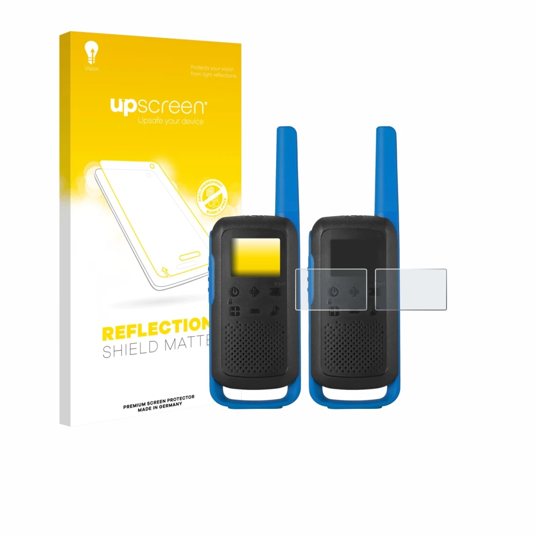 Parte frontal de un envase de producto con el logotipo de la marca upscreen. Al lado se muestra el dispositivo Motorola TALKAB