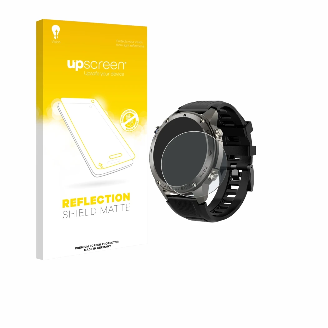 Parte frontal de un envase de producto con el logotipo de la marca upscreen. Al lado se muestra el dispositivo Knauermann GPS