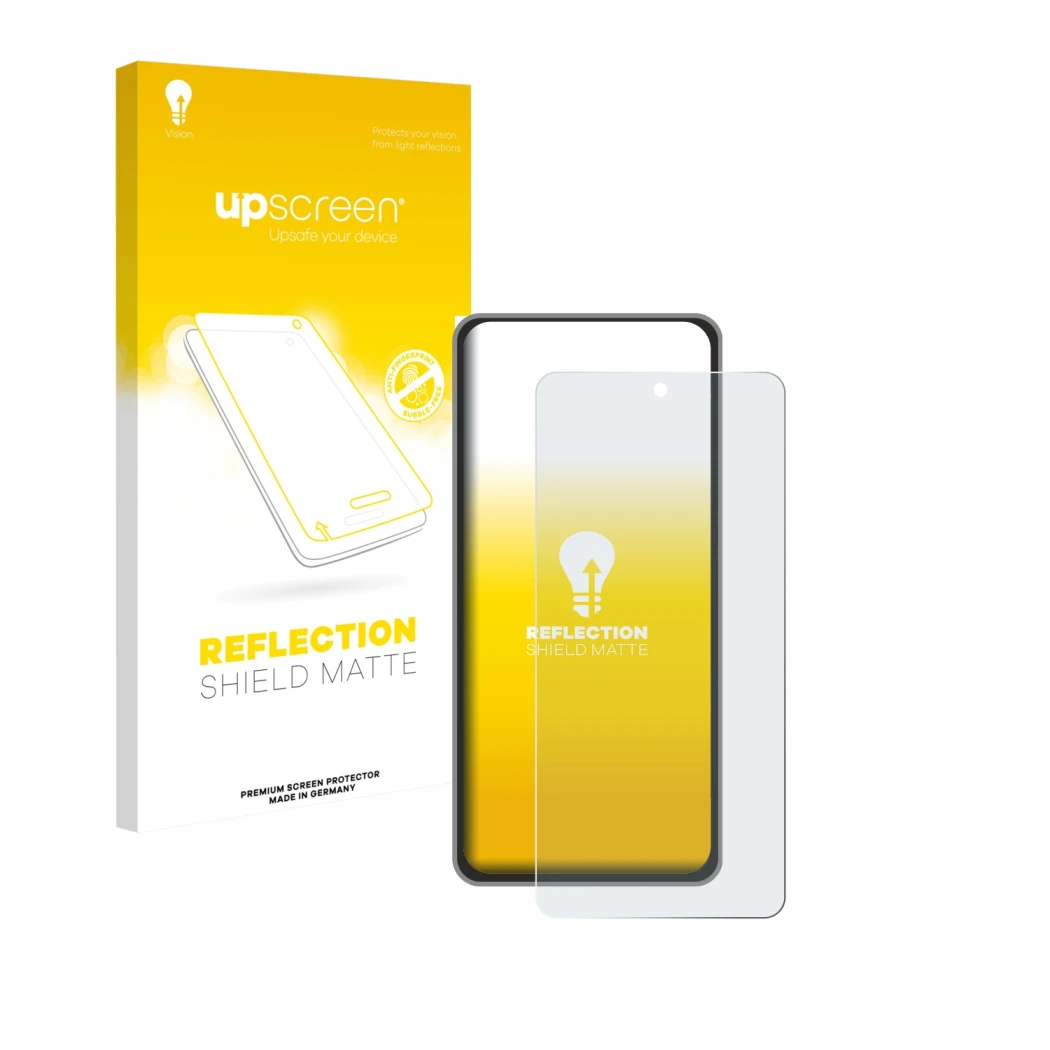 Parte frontal de un envase de producto con el logotipo de la marca upscreen. Al lado se muestra el dispositivo realme GT 7T co