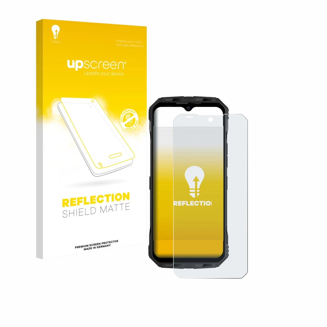 Parte frontal de un envase de producto con el logotipo de la marca upscreen. Al lado se muestra el dispositivo Doogee V Max S 