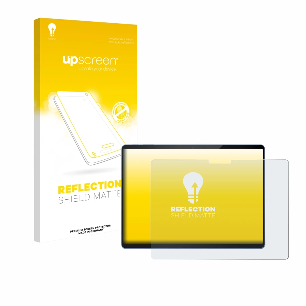 Parte frontal de un envase de producto con el logotipo de la marca upscreen. Al lado se muestra el dispositivo Microsoft Surfa